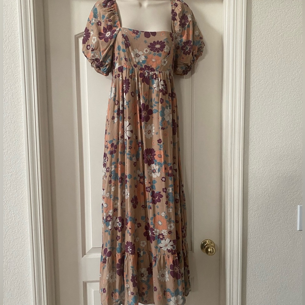 Storia Flower Floral Puff Sleeve‎ Long Dress
